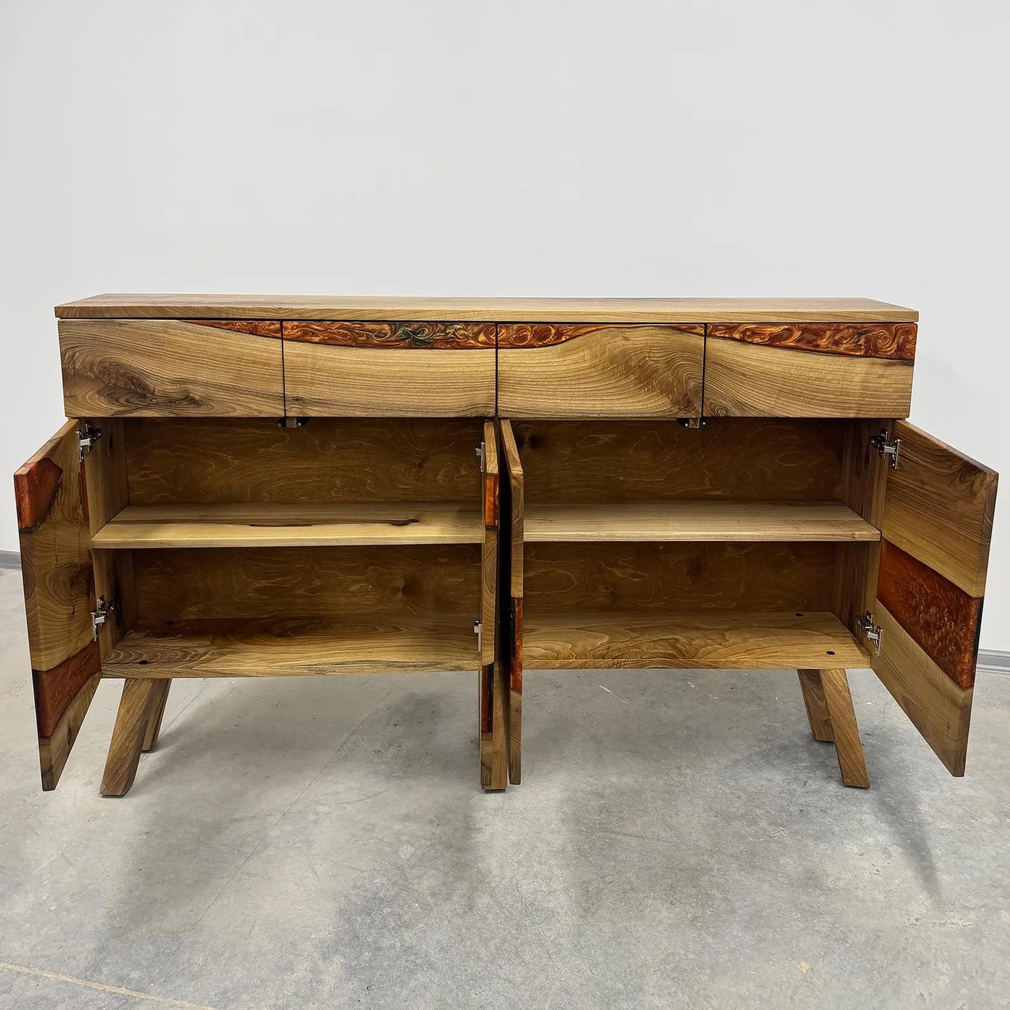 Walnut Wood Credenza with Drawers Bronze-Green Epoxy Sideboard