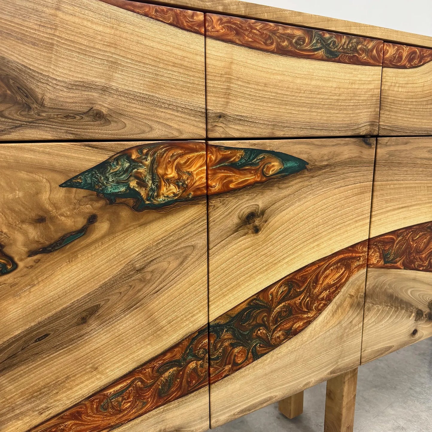 Walnut Wood Credenza with Drawers Bronze-Green Epoxy Sideboard