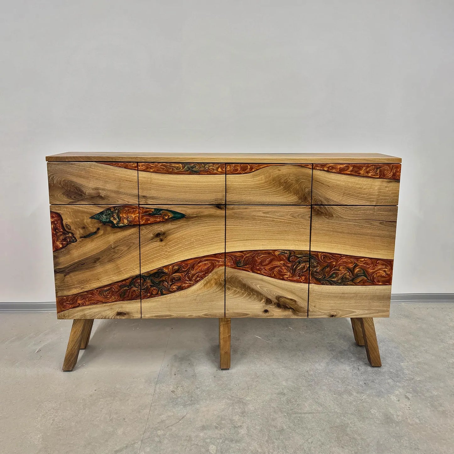 Walnut Wood Credenza with Drawers Bronze-Green Epoxy Sideboard