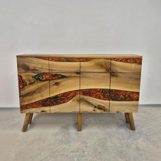 Walnut Wood Credenza with Drawers Bronze-Green Epoxy Sideboard