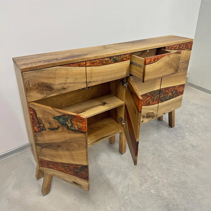 Walnut Wood Credenza with Drawers Bronze-Green Epoxy Sideboard