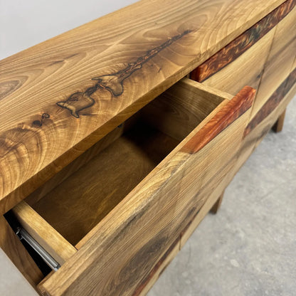 Walnut Wood Credenza with Drawers Bronze-Green Epoxy Sideboard