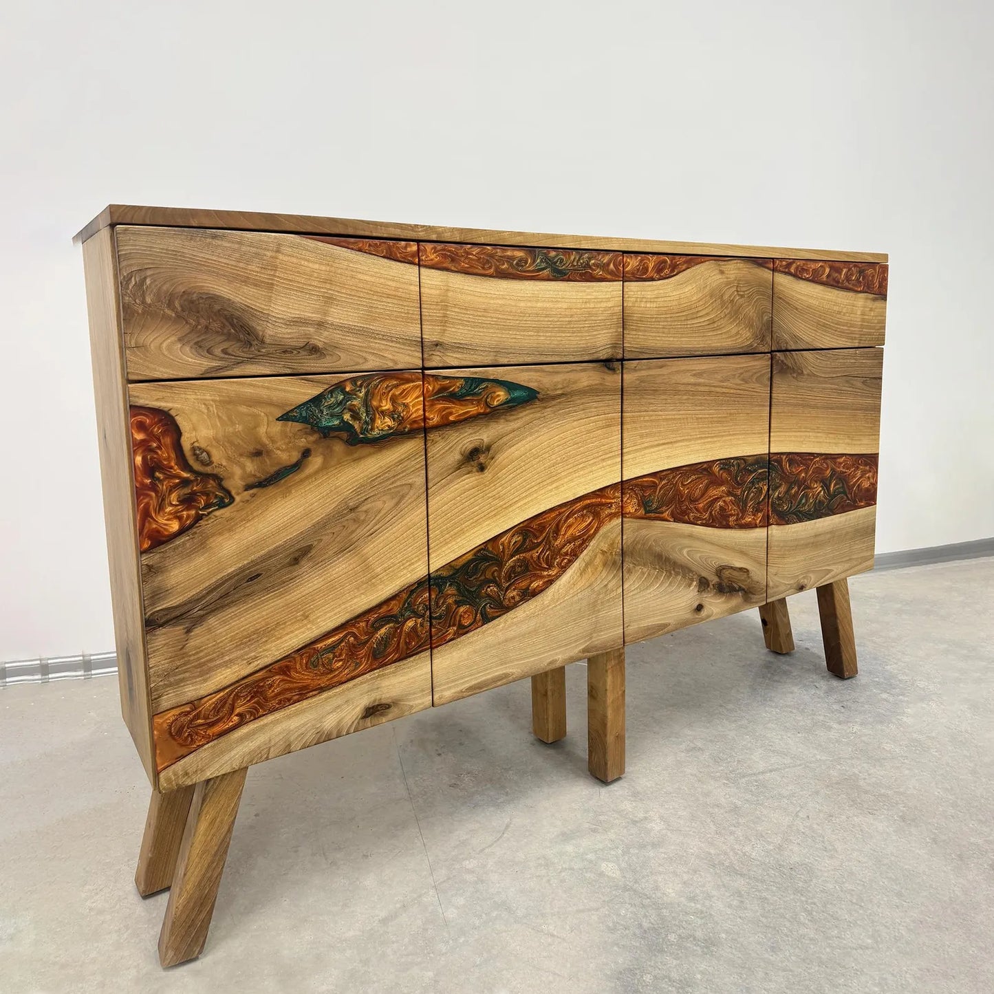 Walnut Wood Credenza with Drawers Bronze-Green Epoxy Sideboard