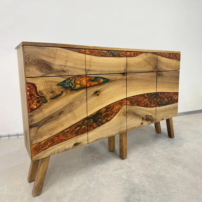 Walnut Wood Credenza with Drawers Bronze-Green Epoxy Sideboard