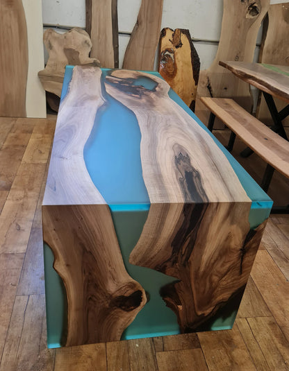 Walnut Waterfall Transparent Turquoise Epoxy Console & Table
