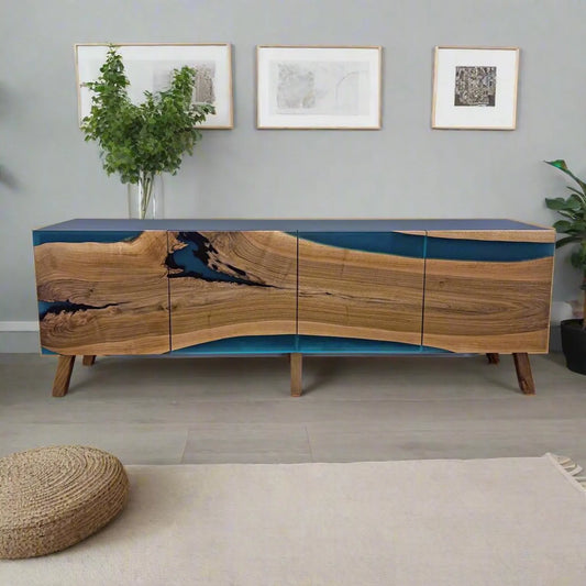 Sideboard aus Holz und Epoxidharz in Perltürkis