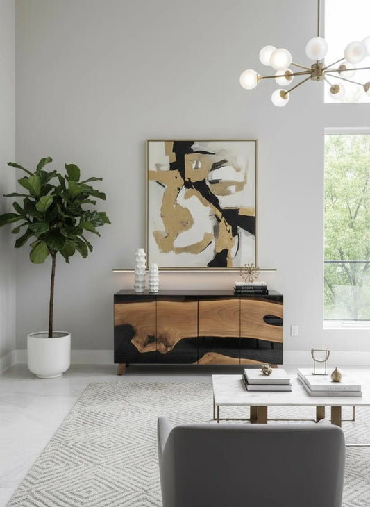 Sideboard aus Holz und Epoxidharz in Perltürkis