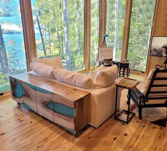 Wood & Turquoise Epoxy Modern Buffet Cabinet