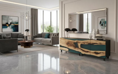 Walnut & Turquoise Matte Epoxy Fusion Sideboard