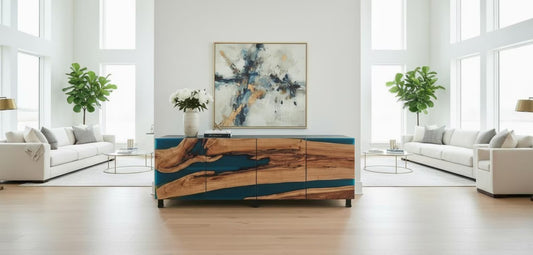 Sideboard aus Holz und Epoxidharz in Perltürkis