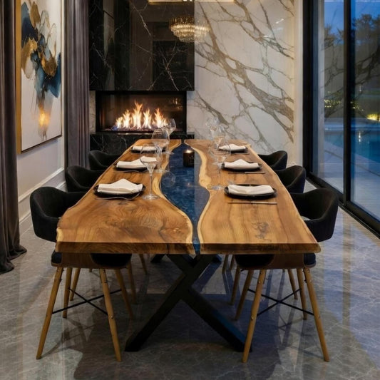 Table en bois de noyer et époxy noir transparent