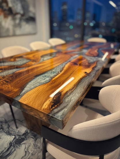 Table en bois de noyer et époxy noir transparent